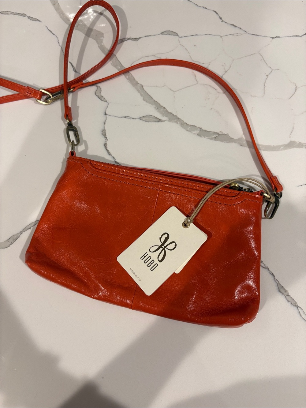 HOBO Small Convertible Crossbody Bag in Bright Orange-Red Leather - Picture 4 of 5